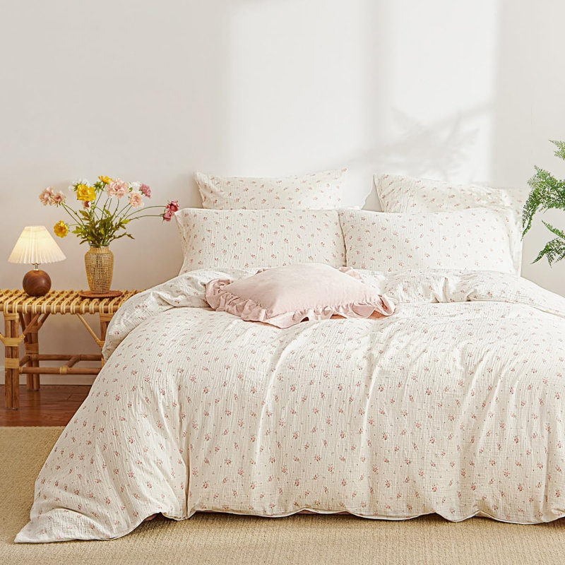 Linge de lit double en mousseline de coton à motif floral rose, Grand lit
