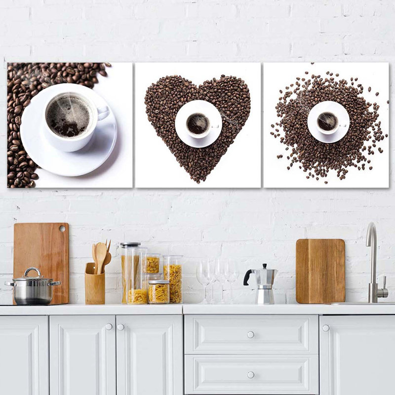 Coffee Bean Heart - 3 Piece Wrapped Canvas Print Set, 50cm H x 150cm W