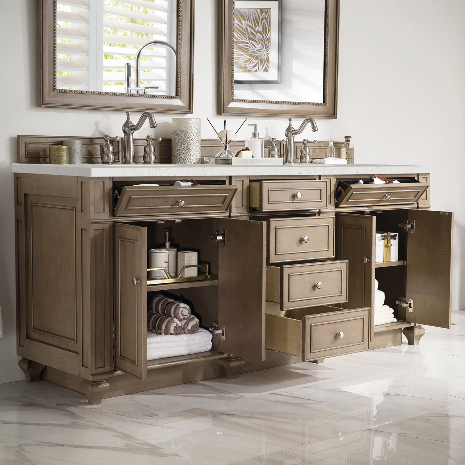 Calisto 72" Double Bathroom Vanity, Whitewashed Walnut, Lime Delight, 8" Widespread