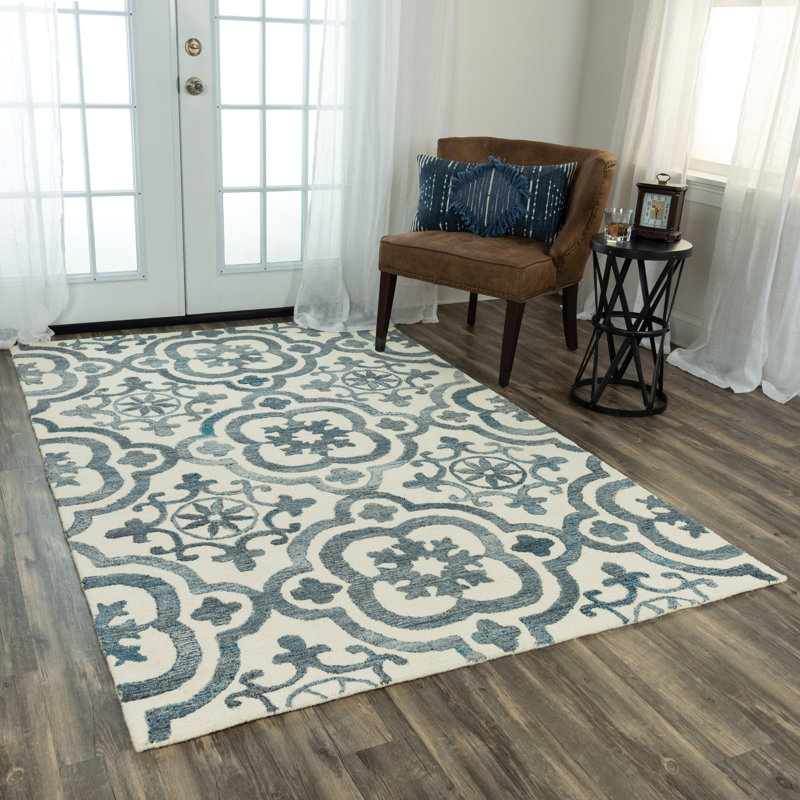 Tapis ivoire / vert touffeté à la main à motif géométrique, Rectangle 5 pi x 7 pi 6 po
