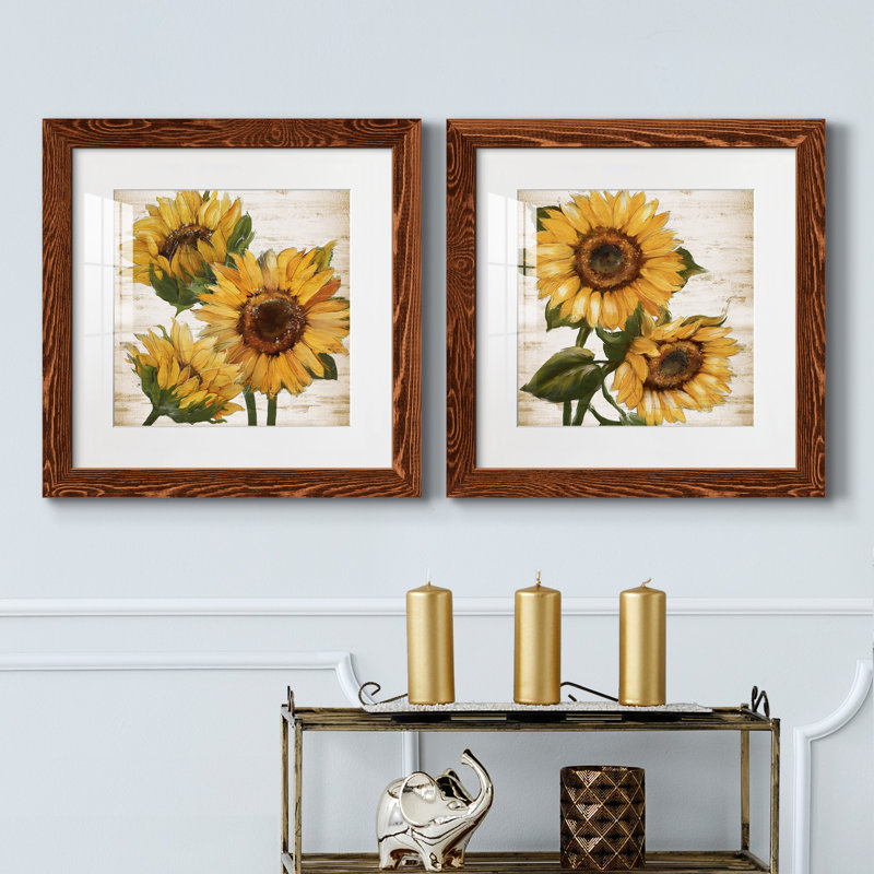 Tournesol d'été I - ensemble de 2 peintures, Papier dans un cadre photo, H 17 po x l 34 po, Érable