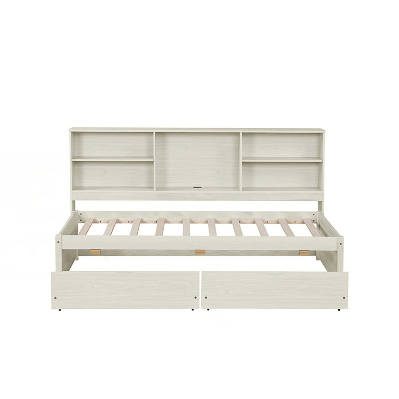 Structure de lit simple avec tablettes latérales, deux tiroirs et port USB intégré, Blanc crème