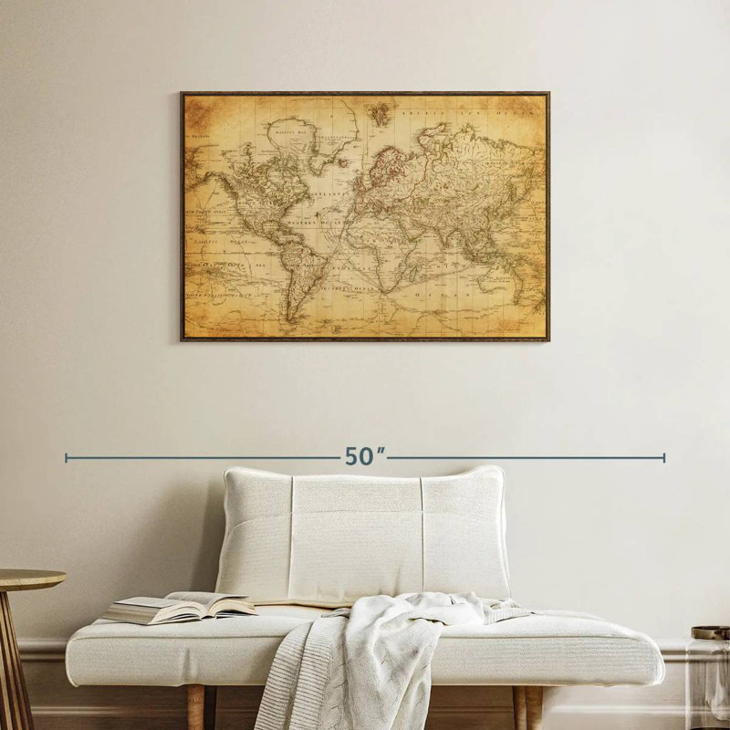 Carte du monde de l'Ancien siècle, 37 po x 25 po, Cadre flottant en noyer
