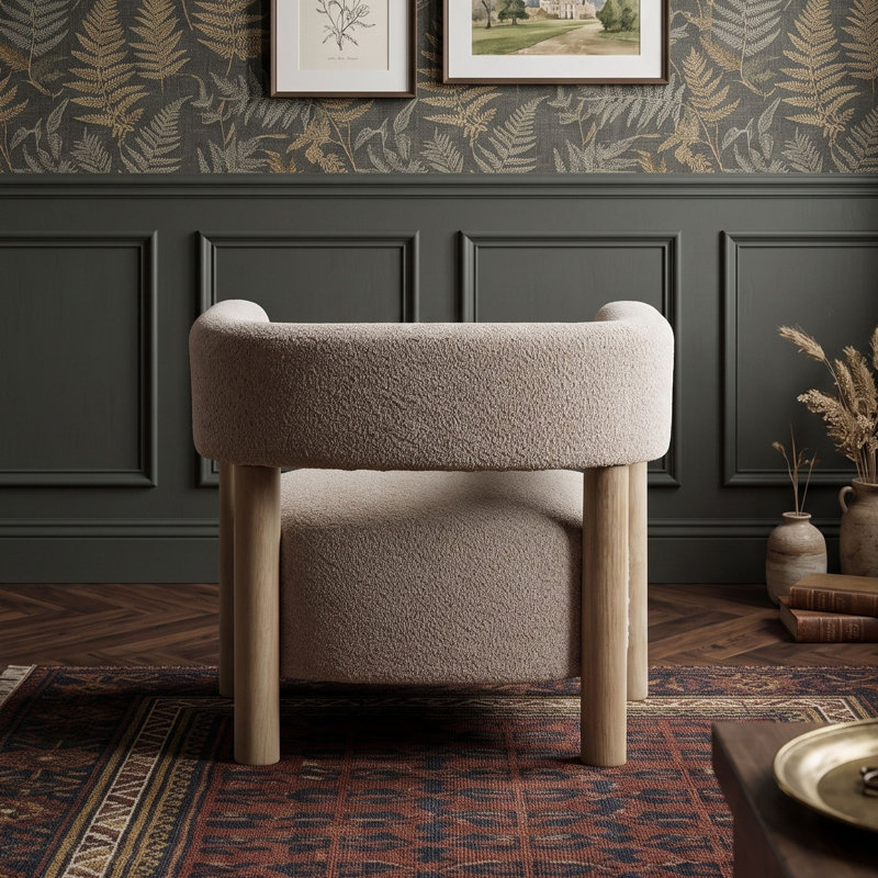 Fauteuil d'appoint rembourré en tissu bouclé avec coussin, structure en bois d'hévéa, fauteuil lounge confortable pour salon