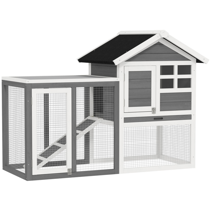 Clapier en bois Aayush 49 po avec enclos grillagé, gris, Gris