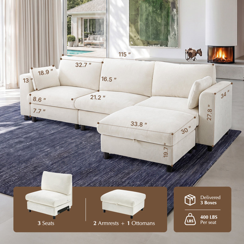Canapé d'angle modulaire de 292 cm de profondeur avec pouf de rangement, canapé d'angle confortable en forme de nuage 4 pièces