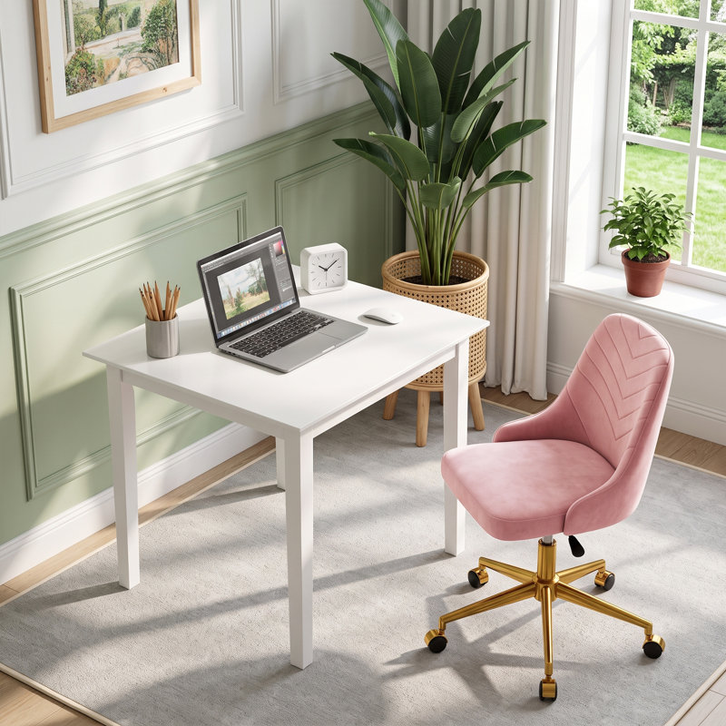 Ensemble de bureau à domicile et de chaises, bureau d'ordinateur carré blanc avec ensemble de chaises pivotantes en velours, bureau de jeu et chaise de travail en velours à hauteur réglable, poste de travail multi-paquets à charge statique 490 LBS, ensemble de bureau de fauteuil roulant