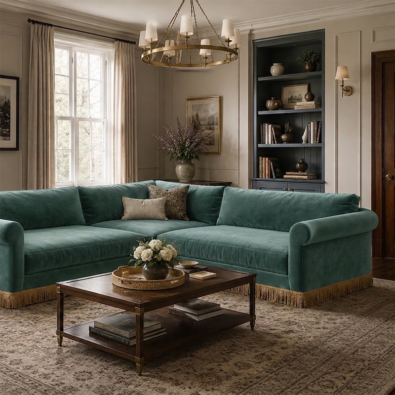 Carley Summers X River & Bord: The Max Sectional W/Fringe, Cane Silver Sage Fabric