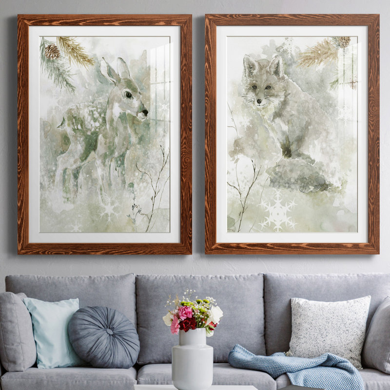 Winter Lodge Fawn - ensemble de 2 reproductions d'art, H 37,5 po x l 55 po x P 1,5 po, Papier avec cadre érable, Blanc