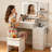 SOGO Makeup Vanity Desk Set with Mirror amd LED Lights, White Vanity Table with Chair, Charging Station, 3 Open Storage Shelves & 4 Drawers, Dressing Table with 3 Color Modes & Adjustable Brightness for Bedroom