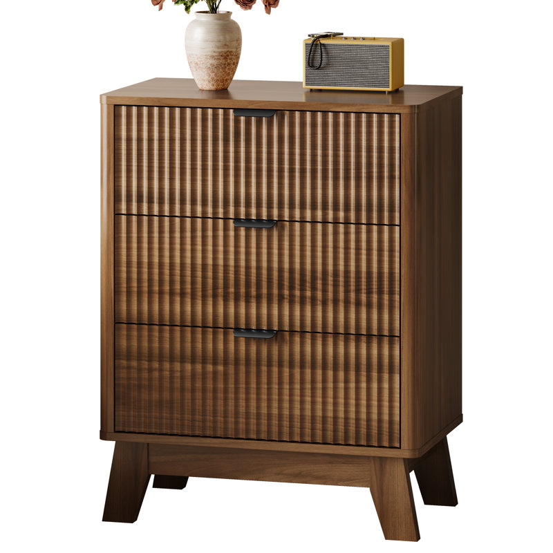 3-Drawer Fluted Nightstand with Storage, 24" Wide Mid Century Modern Bedside Table, End Table with Metal Handles & Splayed Legs, Small Dresser for Bedroom, Living Room,