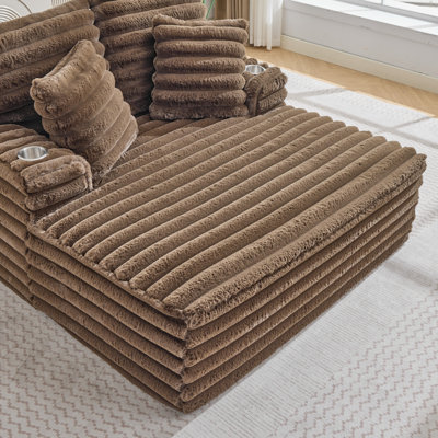 Méridienne surdimensionnée en velours côtelé moelleux avec porte-gobelets et coussins décoratifs, canapé-lit rembourré à assise profonde pour salon, chambre à coucher