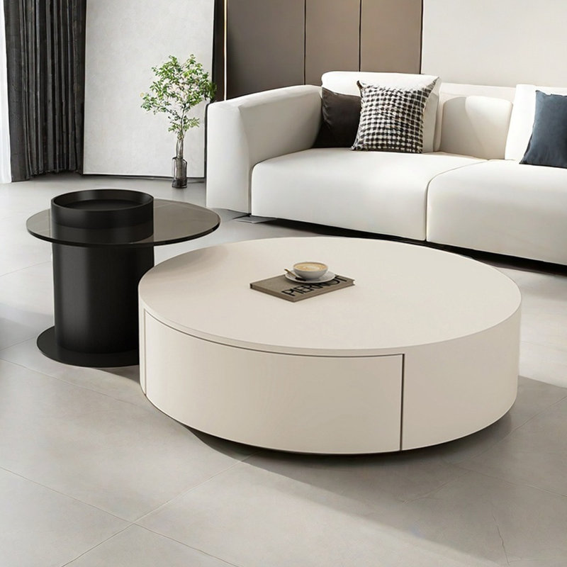 Table basse moderne simple ronde, Crème, crème, H 12,2 po x L 35,4 po x l 35,4 po