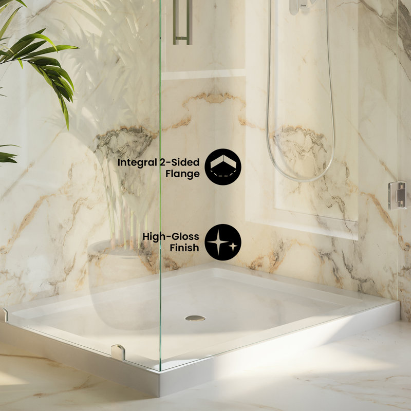 Receveur de douche d'angle droit Voltaire 60 po x 32 po à double seuil avec bonde centrale, blanc brillant