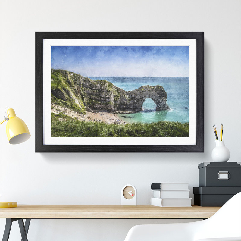 Durdle Door Cliffs in Dorset - Picture Frame Painting Print, 33cm H x 45cm W x 2cm D, Black Framed