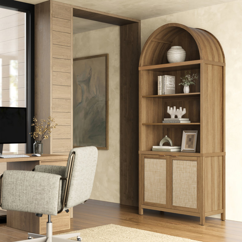 84.25''H Rattan Arched Bookcase With Adjustable Shelf, Caramel Oak