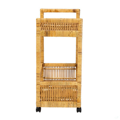 Chariot de cuisine moderne à 2 niveaux en rotin naturel et bois de teck brun moderne bohémien