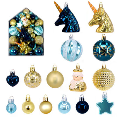 72 PCS Christmas Ornaments for Tree, Shatterproof Plastic Hanging Bulbs Set Decorations for Xmas Holiday Party with Lanyard,Blue gold