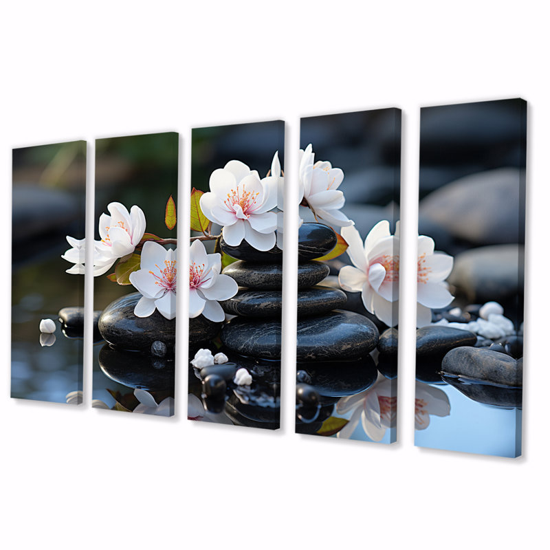 «Zen River Stone Blooming Magnolias II», impression d'art mural Lily - 5 panneaux égaux