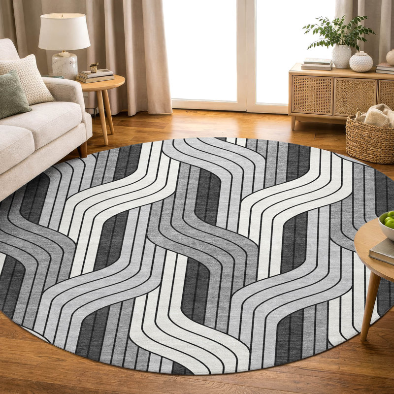 Premium Machine Washable Mayfield AMF2422 Striped Rug, Ivory, 8' Round
