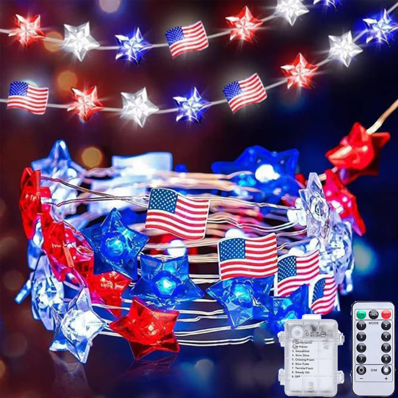 Drapeau en forme de fils de cuivre en forme de guirlande de lumières décoratives rouge B-lue blanc étoile à cinq branches, A