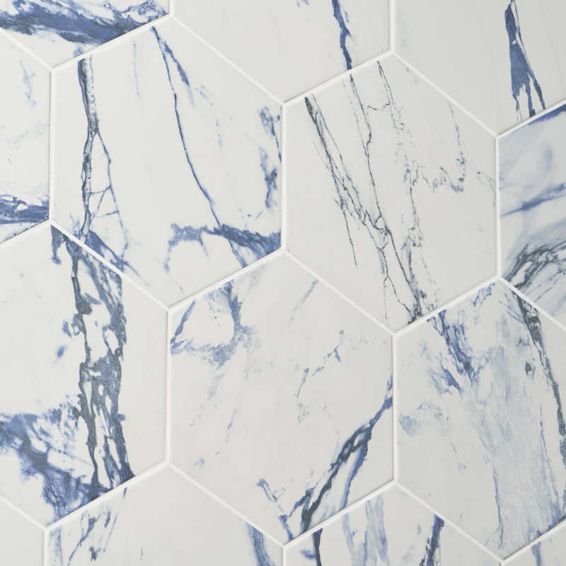 Carreau de marbre et plancher en porcelaine mate Macuba Hex 10,15 po x 11,41 po, Bleu / blanc