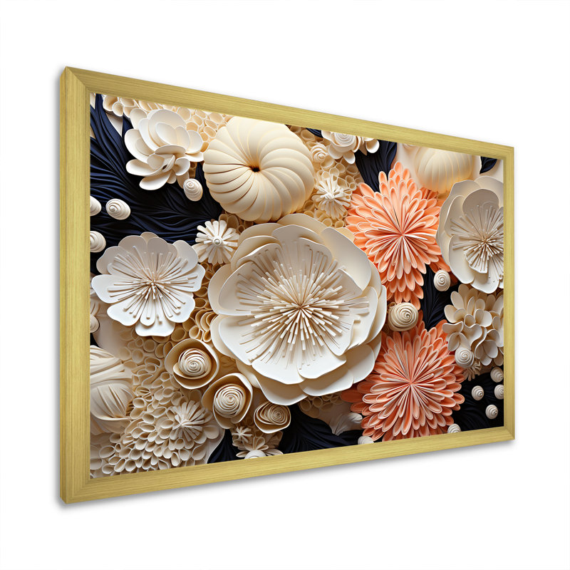 Collage abstrait de fleurs de corail sur toile, Cadre doré simple, H 30 po x l 40 po x P 1,5 po