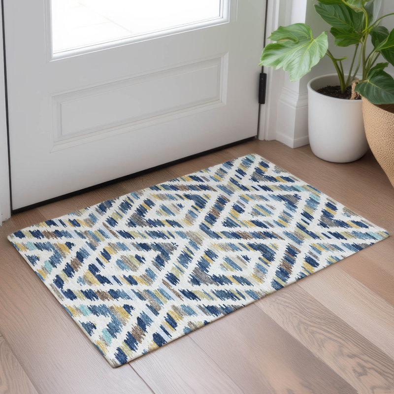 Machine Washable Indoor/Outdoor Chantille Tribal Rug, 1'8" x 2'6", Navy