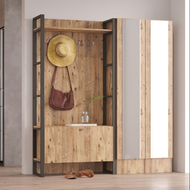 Elegant Hall Stand with Metal Frame, Atlantic Pine Finish, 35.4 x 70.9 x 13.4 inches | 100% Melamine Coated Particle Board, Thickness: 0.7 inches | Traditional & Industrial Design, Perfect for Entryways & Mudrooms