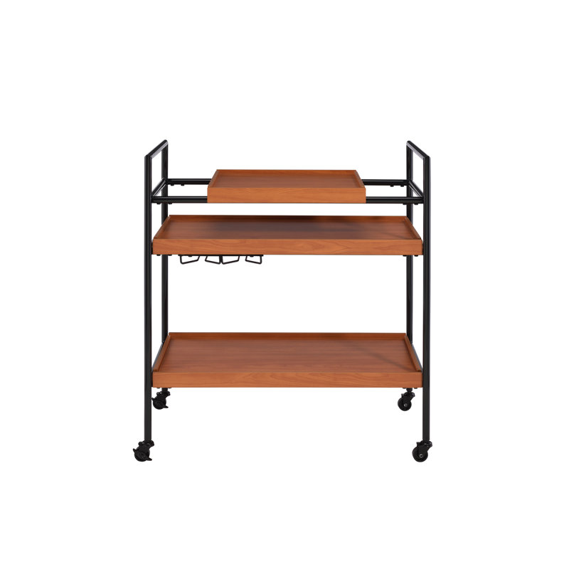Table de service réglable en chêne miel et noir, support à verres à pied inclus, 3 compartiments de rangement ouverts, 4 roulettes pour faciliter le déplacement, structure en métal robuste, mobilier de salle à manger