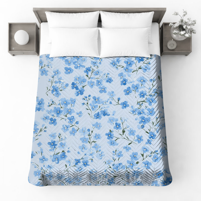Blue Floral Pattern Quilted Bedspread All Sizes, Queen