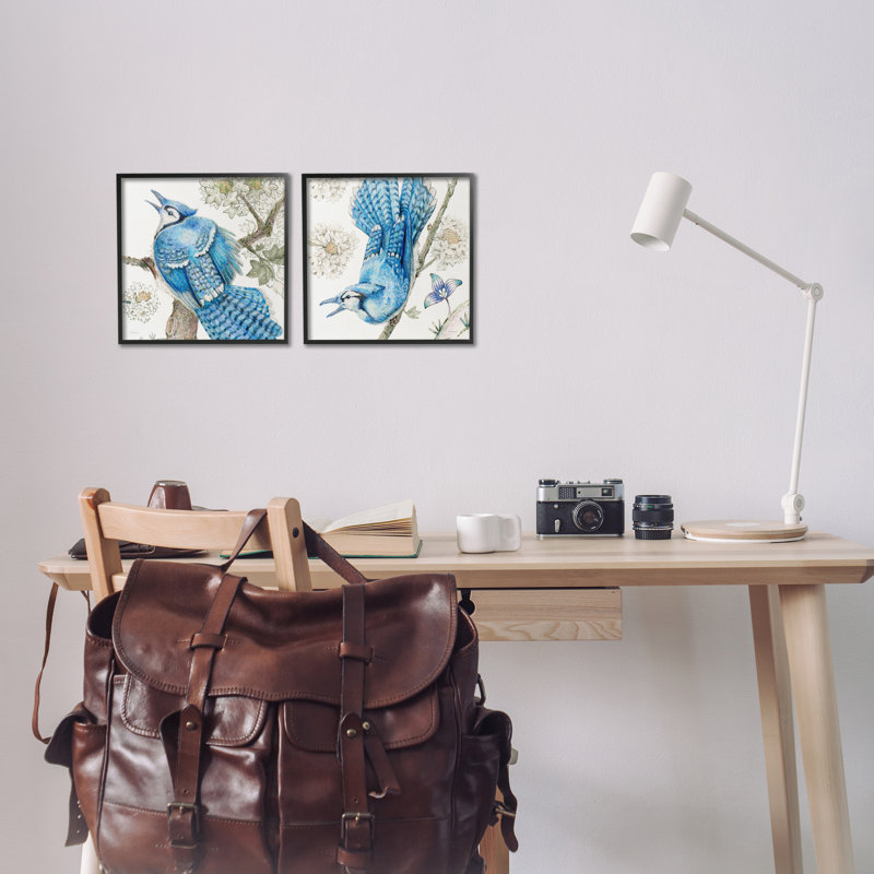  «Blue Jays with Blossoms», ensemble de 2 giclées par Evelia Designs, Giclée encadrée noir minuit, H 12 po x l 12 po