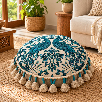 Embroidered Peacock Floor Pillow 20 x 20 x 3.5" with Tassels and Filler