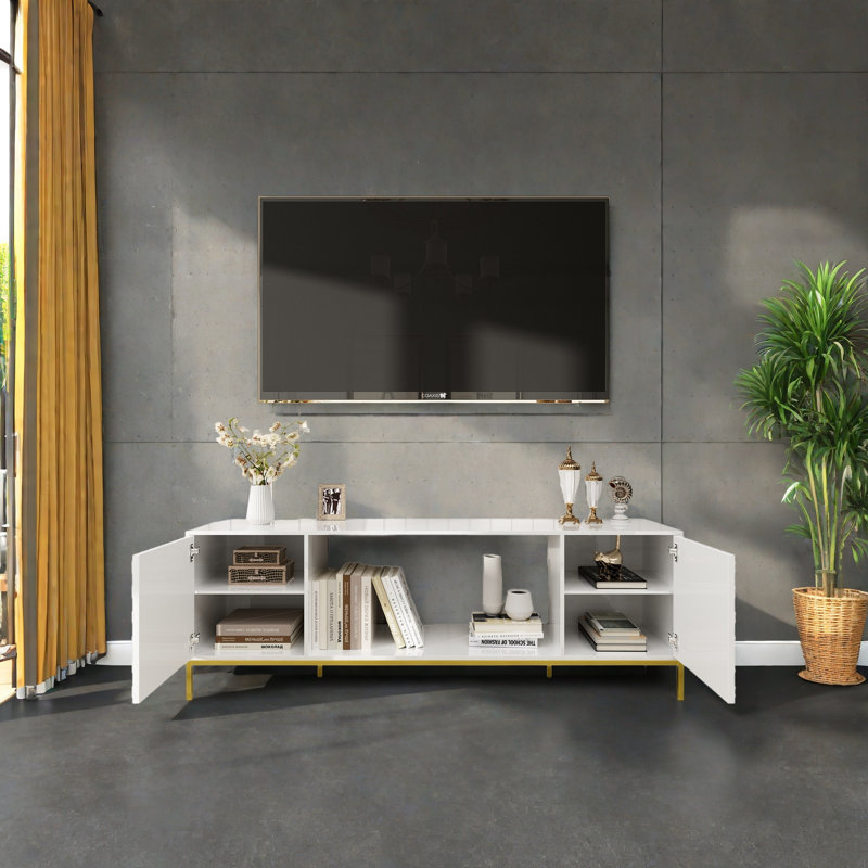 Meuble télé 70 po, meuble multimédia en bois robuste avec rangement et tablettes ouvertes, Blanc