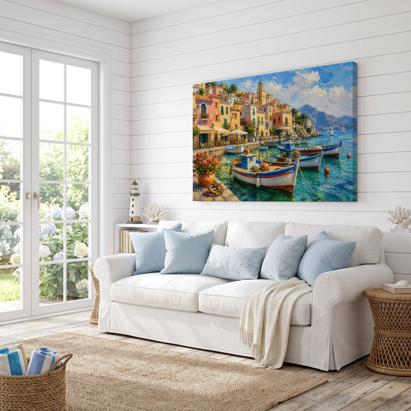 Peinture à l'huile représentant un village portuaire méditerranéen - 50 x 75 cm, H 20 po x l 30 po