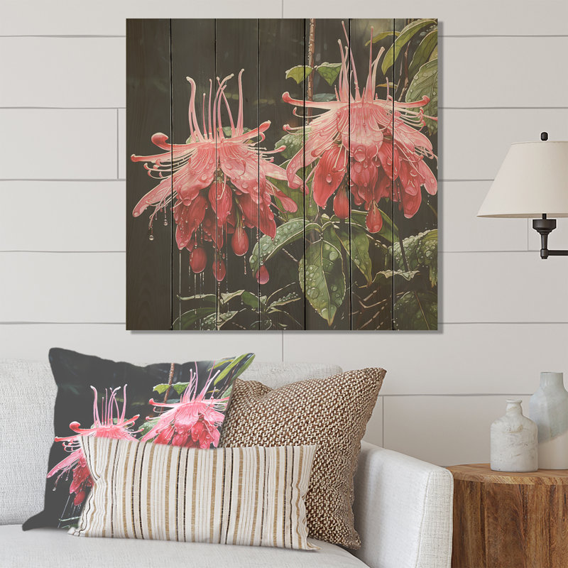 Pétale rose fuchsia coccinea fleurs I - fuchsia sur bois, H 15 po x l 15 po