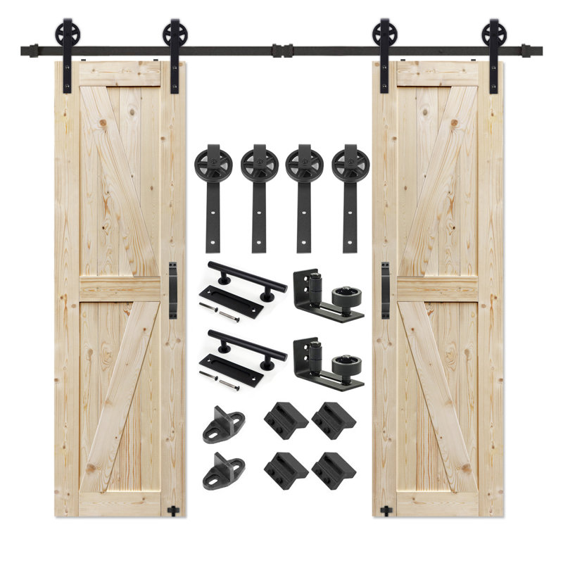 Grande porte de grange à panneaux en bois non fini avec trousse de quincaillerie d'installation Big Wheel, 24 po x 84 po