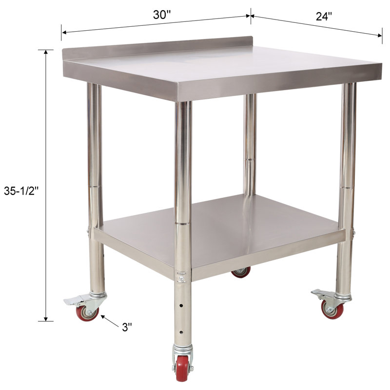 Table de préparation robuste en acier inoxydable avec dosseret et roulettes, tablette réglable