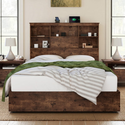Bilal 51.2" Queen Size Bed Frame with Storage LED Bookcase Headboard&4 Storage Drawers,Brown