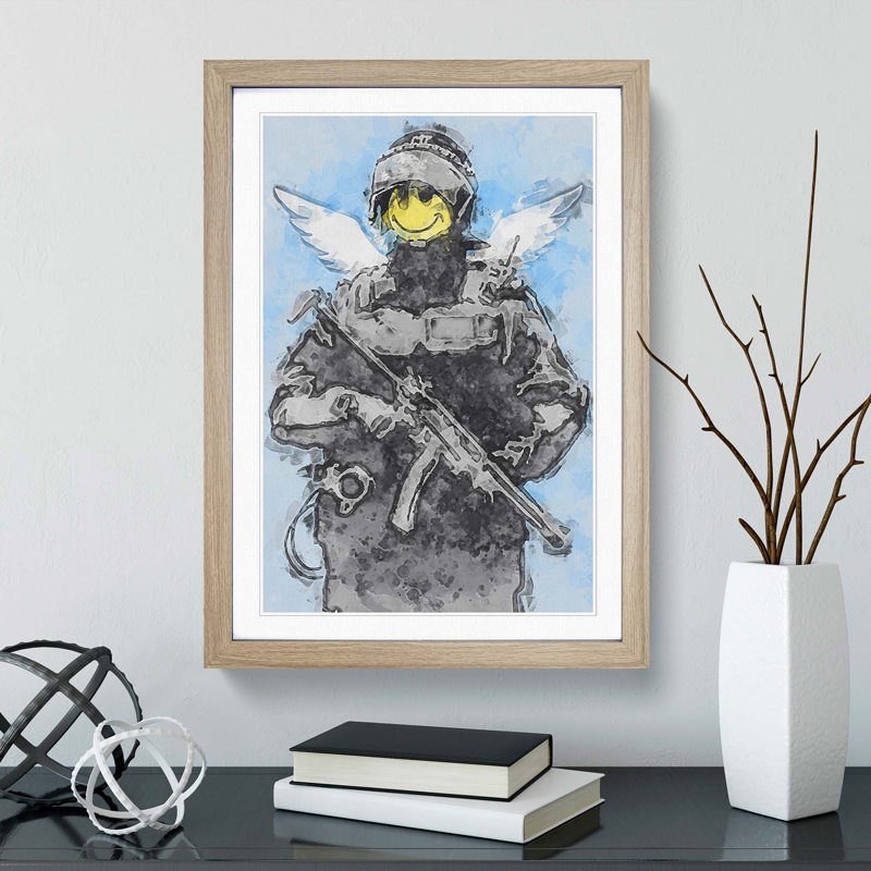 Smiley Policeman by Banksy - Picture Frame Painting Print, 65cm H x 48cm W x 2cm D, Oak Framed