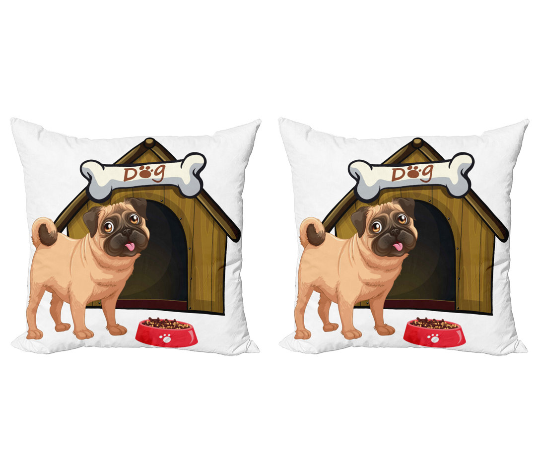 Kissenbezug, Hundehaus Cartoon-Stil, Mops, Blass Kaffee Sand Braun