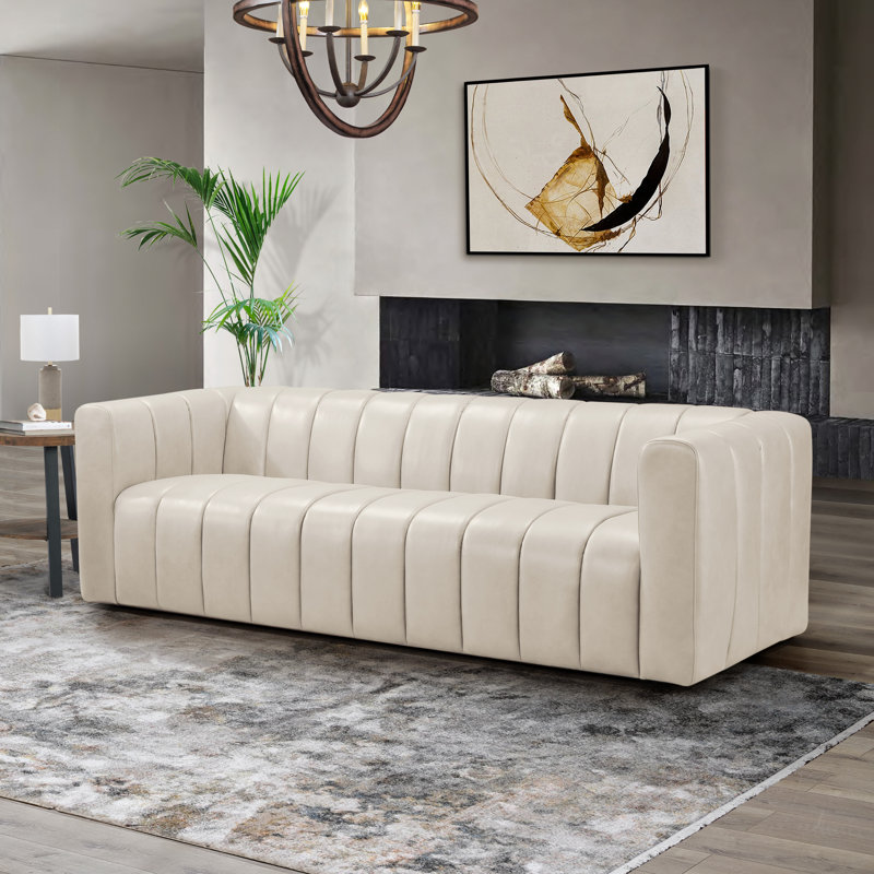 Trefor Upholstered 95 " Top Grain Leather Sofa, Ivory Genuine Leather