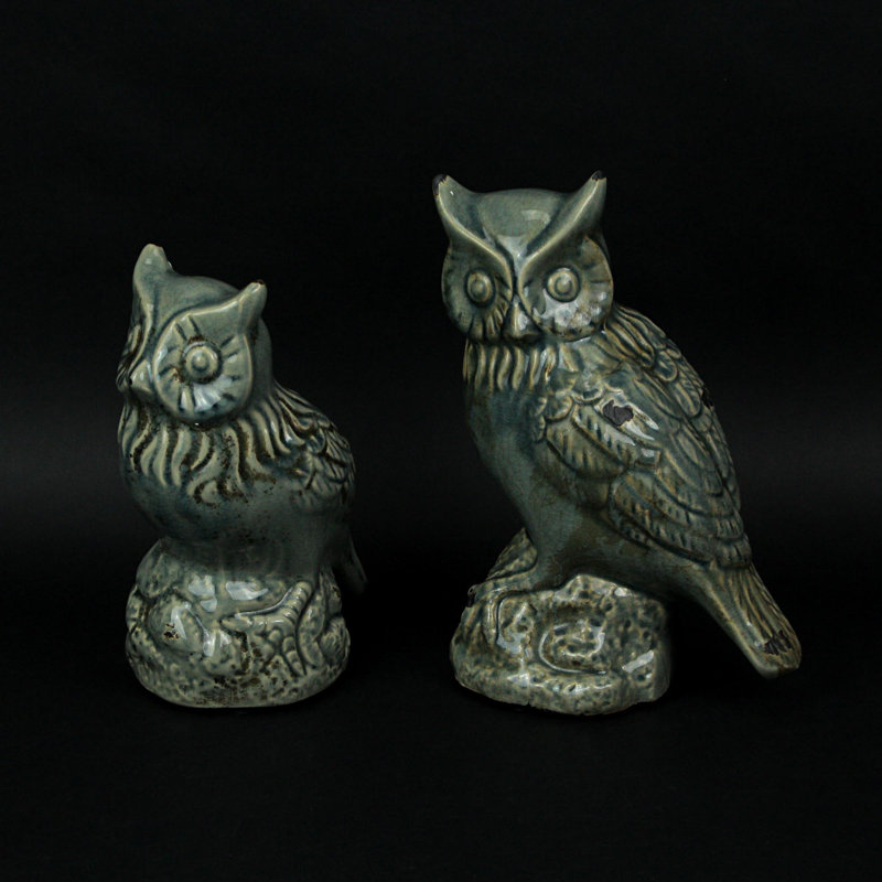 Ensemble de 2 figurines de hibou en céramique à finition craquelée grise