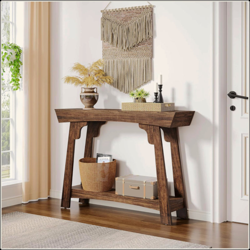 Wood Console Table Behind Couch, 2-Tier Small Entryway Table With Storage, Farmhouse Narrow Sofa Table For Hallway, Living Room