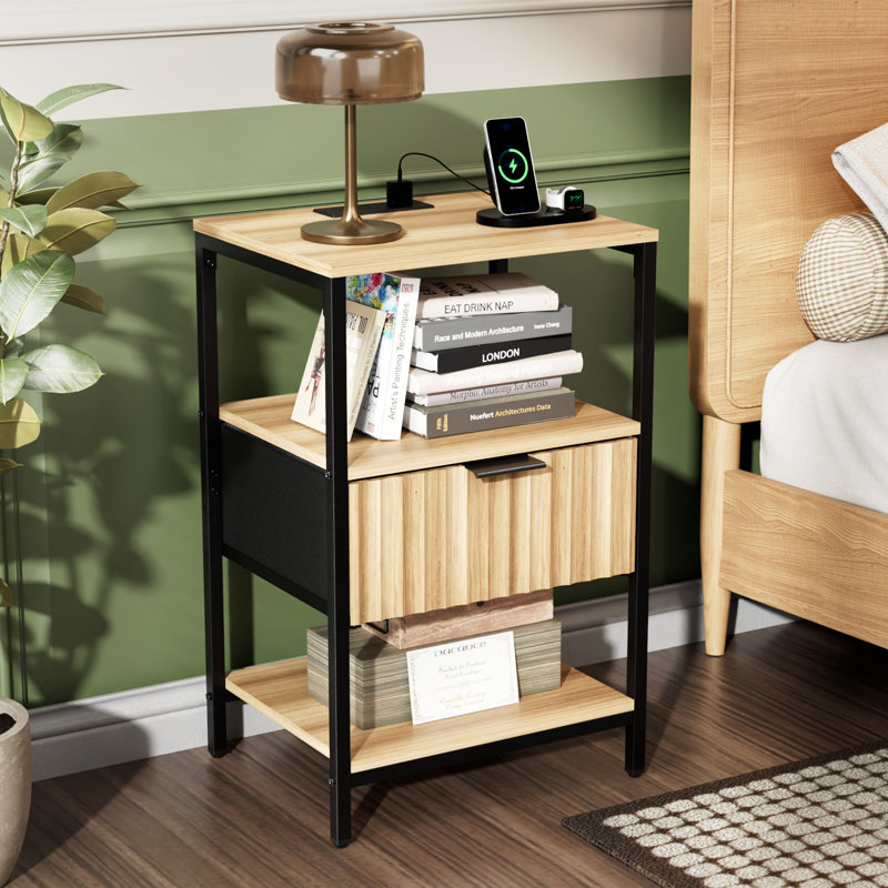 15 Inches Wide Nightstand - 1 Drawer, 2 Shelves, US Power Outlet, Oak/Black