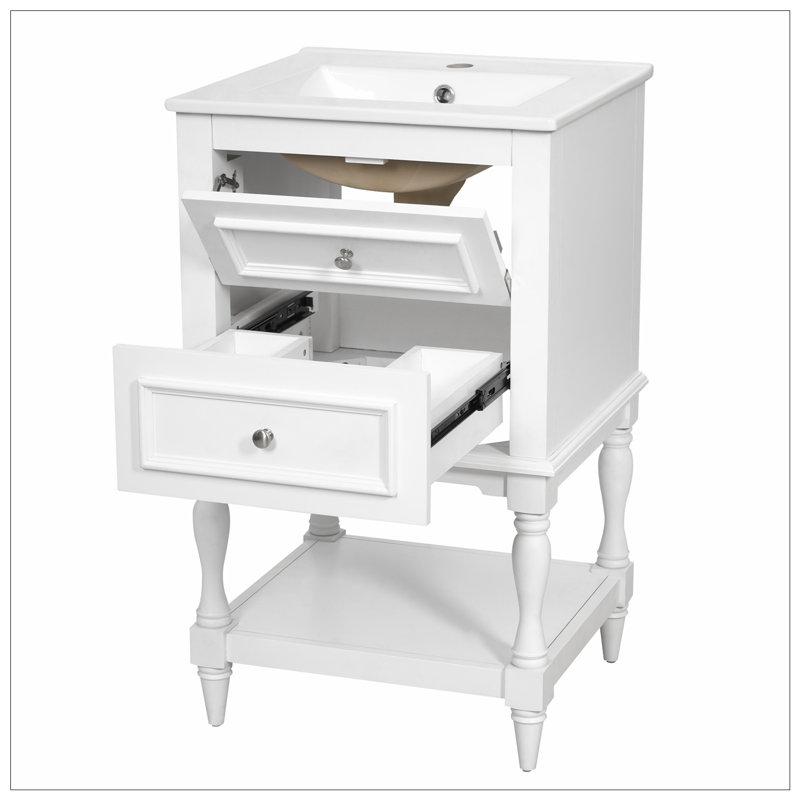 Meuble-lavabo avec lavabo en céramique, tablette ouverte et 2 tiroirs, White