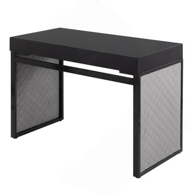 Upholstered Desk In Black Steel, Black Wood And Silver Velvet