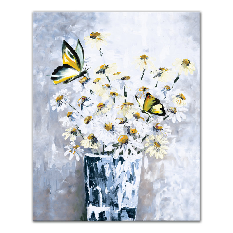 «Yellow Butterflys and Daisys», reproduction de peinture acrylique sur toile, Toile tendue, H 20 po x l 16 po