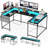 78.8" U Shaped Computer Desk With Power Outlets, USB Ports, LED Strip And Monitor Stand, Reversible L Shaped Desk With Storage Shelves-1069040336