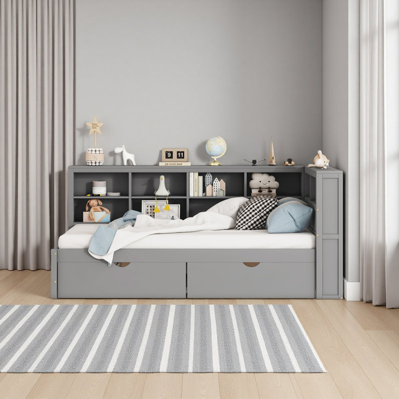 Wooden Daybed With 2 Drawers, Gray, Twin